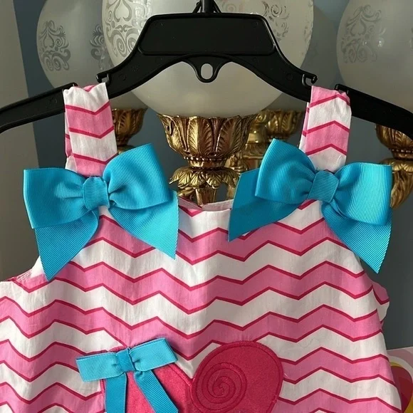 Brand New Youngland Pink & White Striped Ruffle Sleeveless Dress Blue Bows Heart - Picture 2 of 11